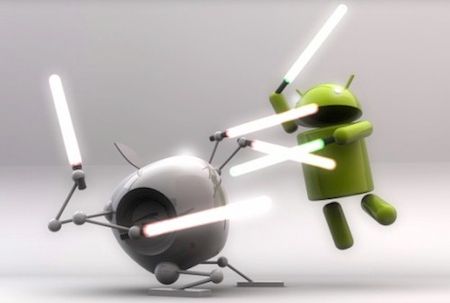 An apple and an android having a lightsaber fight, as they