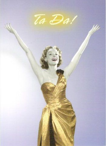 a woman in a gold/yellow dress exclaiming 