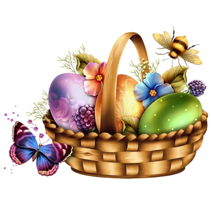 A basket of eggs with a bee flying around it. And a butterfly but we don