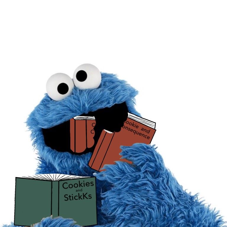 Cookie Monster eating books with titles 